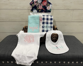 The Must Haves Baby gift basket- Custom for boy or girl monogrammed hooded towel, burp cloths, bib and onesie. Perfect baby shower gift!