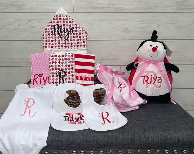 Monogrammed Baby Gift Basket, Personalized Hooded Towel, Burp Cloths, Bibs, Onesie, Quilt & Stuffed Animal