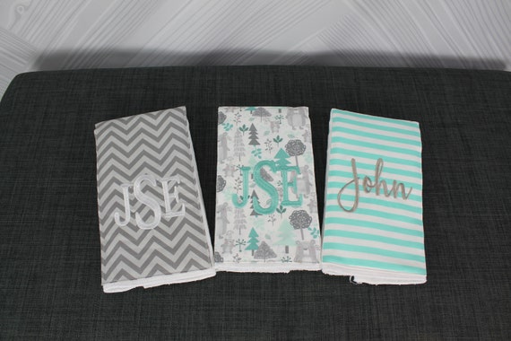 Monogrammed Burp Cloths, Set of 3. Custom made for boy or girl.