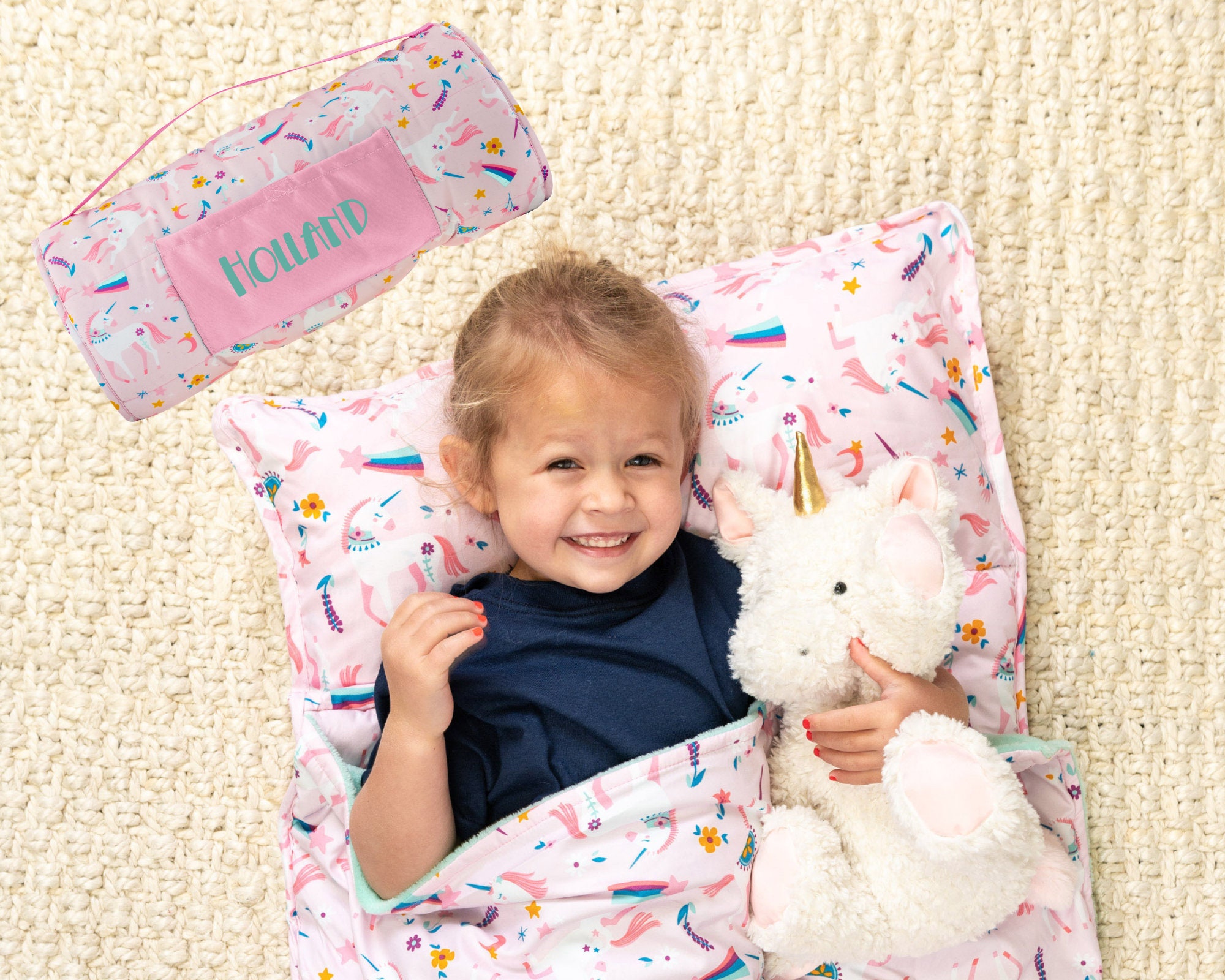 Children's Nap Mat with attached pillow and blanket. Perfect for