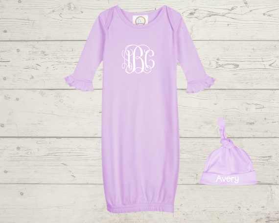 Embroidery Monogrammed Infant Baby Girl Gown with side zipper and Optional Hat