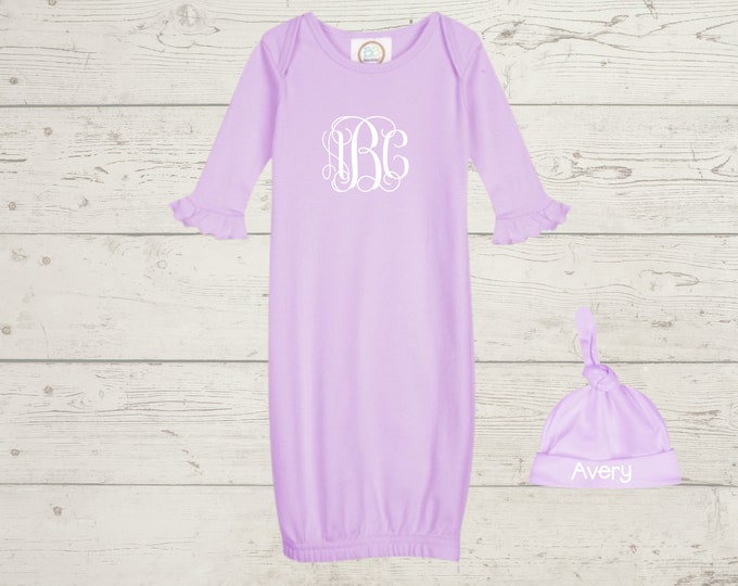 Embroidery Monogrammed Infant Baby Girl Gown with side zipper and Optional Hat
