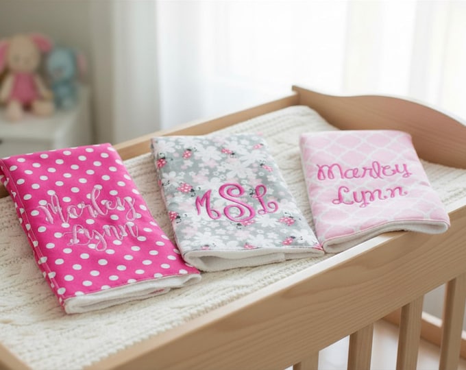 Monogrammed Burp Cloths, Set of 3. Custom made for boy or girl.