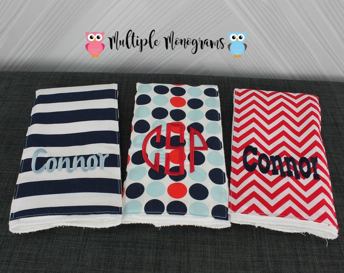 Monogrammed Burp Cloths, Set of 3. Custom made for boy or girl.