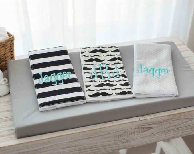 Monogrammed Burp Cloths, Set of 3. Custom made for boy or girl.