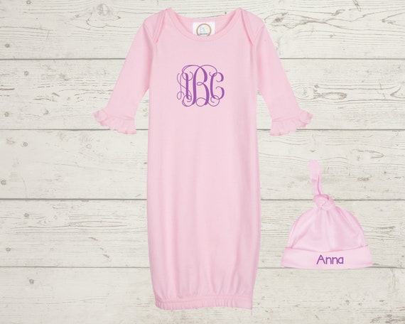 Embroidery Monogrammed Infant Baby Girl Gown with side zipper and Optional Hat