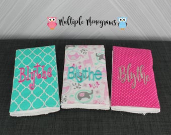 Monogrammed Burp Cloths, Set of 3. Custom made for boy or girl.
