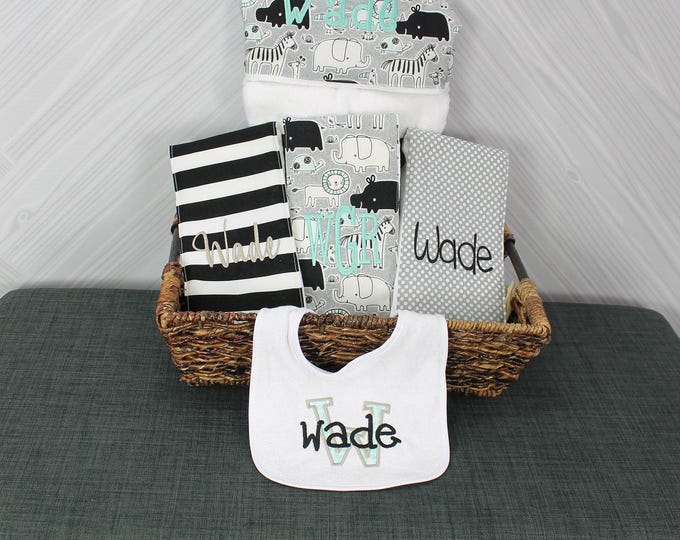 The Original Baby gift basket- Custom for boy or girl monogrammed hooded towel, burp cloths and bib. Perfect baby shower gift!