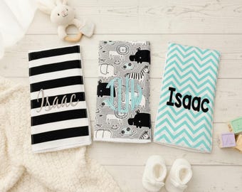 Monogrammed Burp Cloths, Set of 3. Custom made for boy or girl.