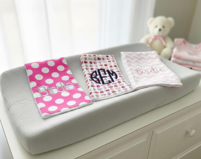 Monogrammed Burp Cloths, Set of 3. Custom made for boy or girl.