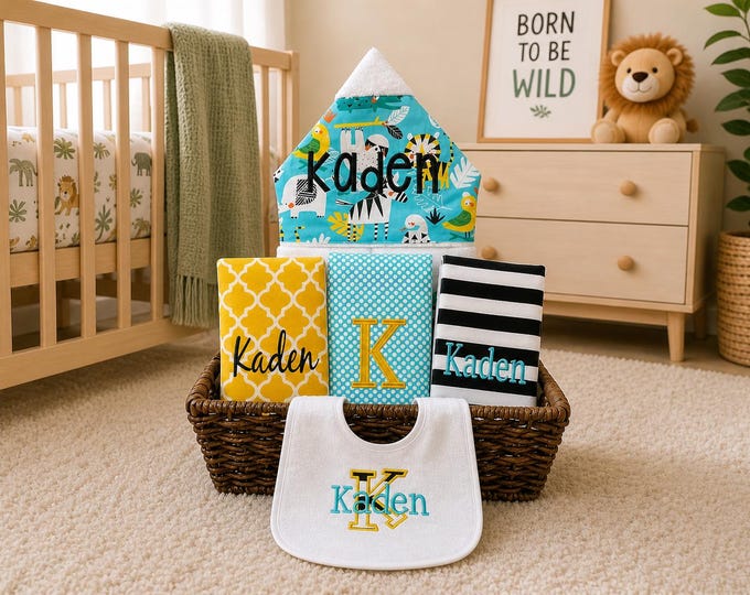 Monogrammed Baby Gift Basket – Hooded Towel, Burp Cloths & Bib