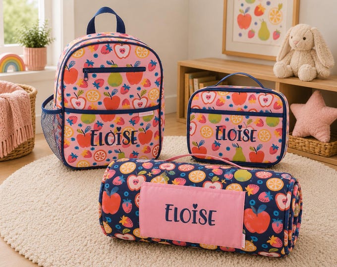 All Over Print Nap Mat, Junior Backpack and Lunchbox Set with Embroidery Personalization