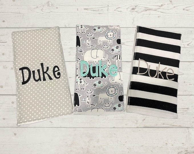 Monogrammed Burp Cloths, Set of 3. Custom made for boy or girl.