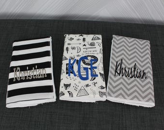 Monogrammed Burp Cloths, Set of 3. Custom made for boy or girl.