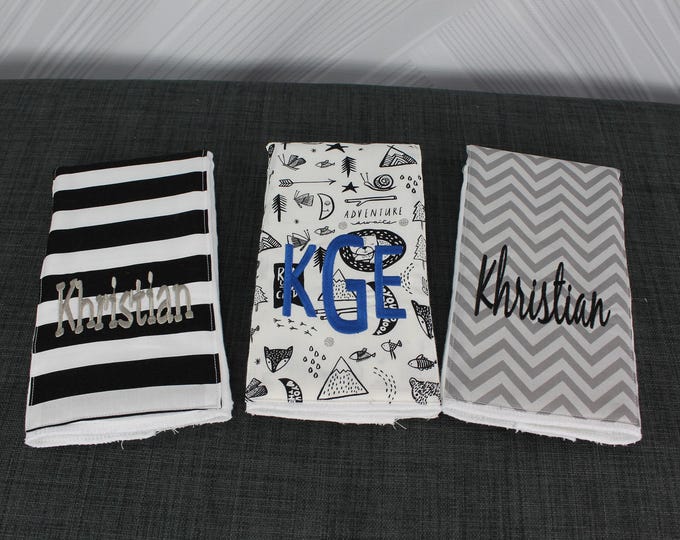 Monogrammed Burp Cloths, Set of 3. Custom made for boy or girl.