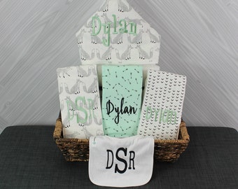 Monogrammed Baby Gift Basket - Hooded Towel, Burp Cloths & Bib