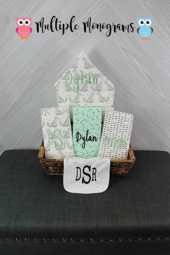 The Original Baby gift basket- Custom for boy or girl monogrammed hooded towel, burp cloths and bib. Perfect baby shower gift!