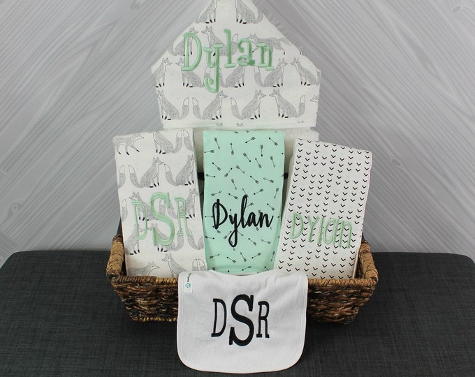 The Original Baby gift basket- Custom for boy or girl monogrammed hooded towel, burp cloths and bib. Perfect baby shower gift!