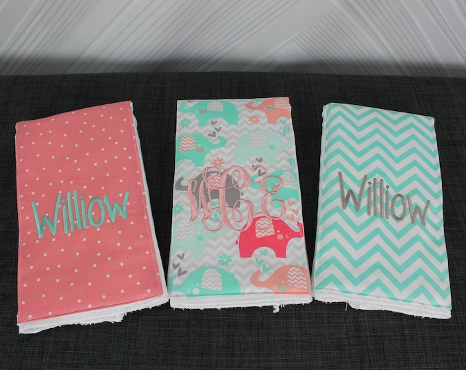 Monogrammed Burp Cloths, Set of 3. Custom made for boy or girl.