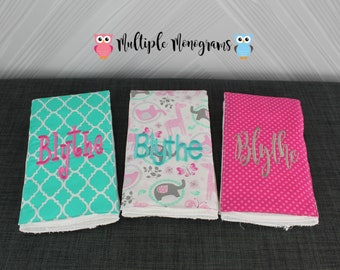 Monogrammed Burp Cloths, Set of 3. Custom made for boy or girl.