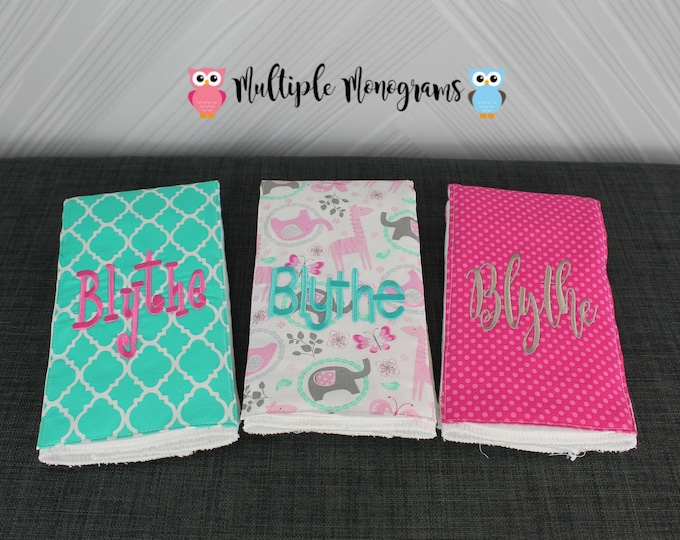 Monogrammed Burp Cloths, Set of 3. Custom made for boy or girl.
