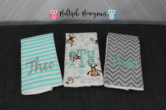 Monogrammed Burp Cloths, Set of 3. Custom made for boy or girl.