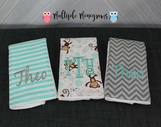 Monogrammed Burp Cloths, Set of 3. Custom made for boy or girl.