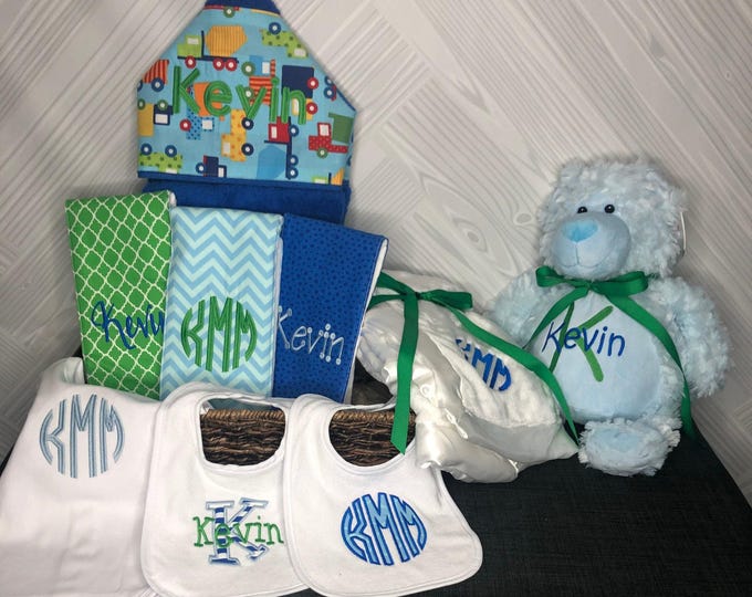 Monogrammed Baby Gift Basket, Personalized Hooded Towel, Burp Cloths, Bibs, Onesie, Quilt & Stuffed Animal