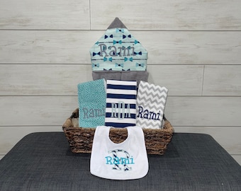 Monogrammed Baby Gift Basket – Hooded Towel, Burp Cloths & Bib Set