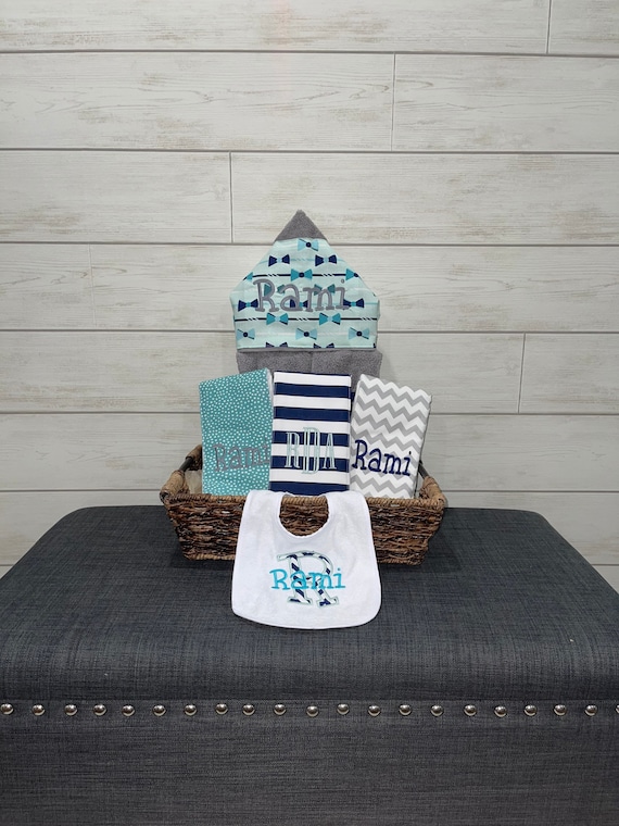 The Original Baby gift basket- Custom for boy or girl monogrammed hooded towel, burp cloths and bib. Perfect baby shower gift!