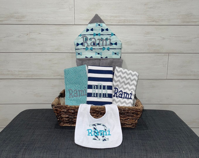 The Original Baby gift basket- Custom for boy or girl monogrammed hooded towel, burp cloths and bib. Perfect baby shower gift!
