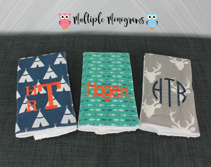 Monogrammed Burp Cloths, Set of 3, Custom made for boy or girl