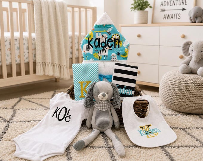 All That and a Plush Baby gift basket- Custom for boy or girl monogrammed hooded towel, burp cloths, bib, onesie and 16" plush animal