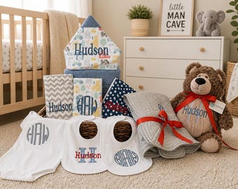 Monogrammed Baby Gift Basket, Personalized Hooded Towel, Burp Cloths, Bibs, Onesie, Quilt & Stuffed Animal