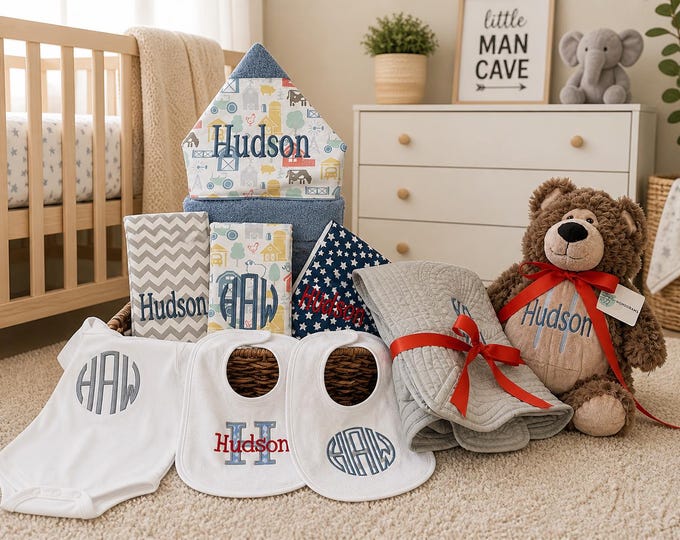 Monogrammed Baby Gift Basket, Personalized Hooded Towel, Burp Cloths, Bibs, Onesie, Quilt & Stuffed Animal