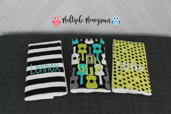 Monogrammed Burp Cloths, Set of 3, Custom made for boy or girl, guitar chevron burp cloths