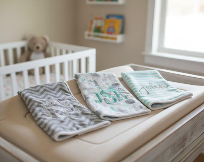 Monogrammed Burp Cloths, Set of 3. Custom made for boy or girl.