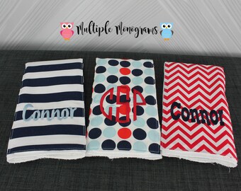 Monogrammed Burp Cloths, Set of 3. Custom made for boy or girl.
