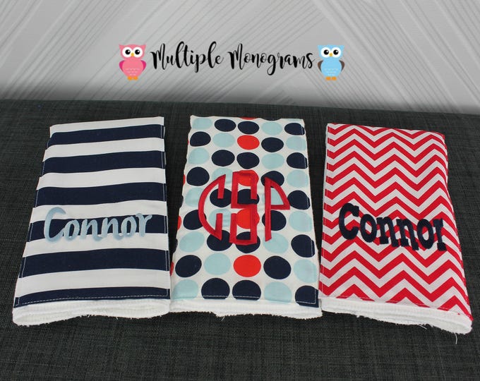 Monogrammed Burp Cloths, Set of 3. Custom made for boy or girl.
