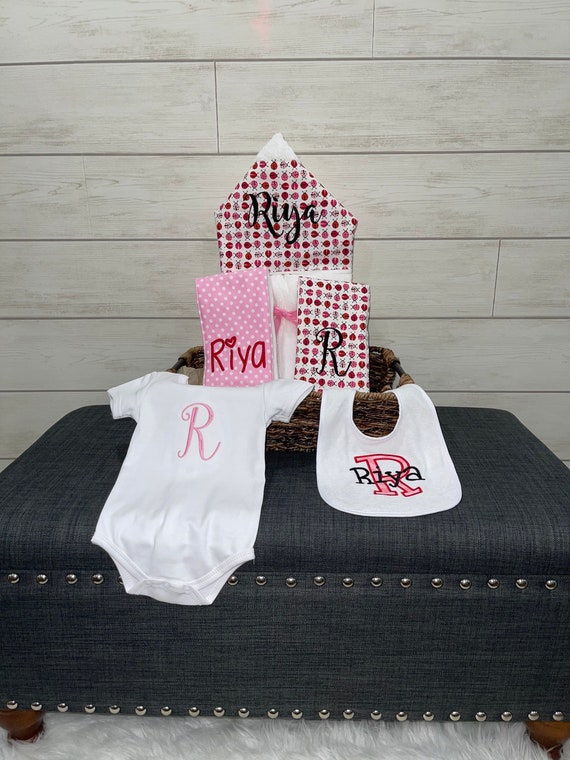 The Must Haves Baby gift basket- Custom for boy or girl monogrammed hooded towel, burp cloths, bib and onesie