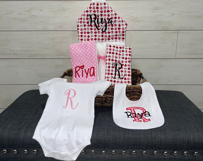 Monogrammed Baby Gift Basket – Hooded Towel, Burp Cloths, Bib, Onesie