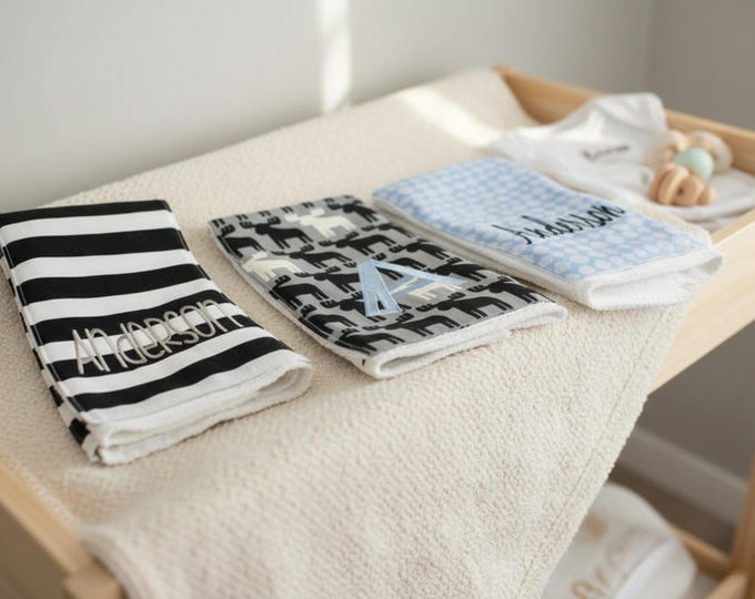 Monogrammed Burp Cloths, Set of 3. Custom made for boy or girl.