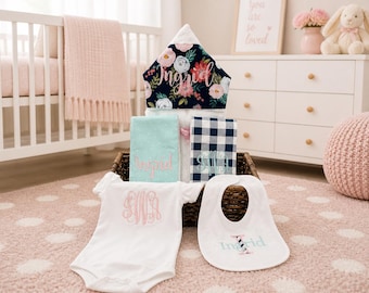 The Must Haves Baby gift basket- Custom for boy or girl monogrammed hooded towel, burp cloths, bib and onesie. Perfect baby shower gift!