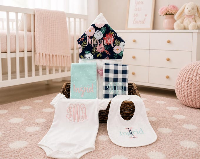 The Must Haves Baby gift basket- Custom for boy or girl monogrammed hooded towel, burp cloths, bib and onesie. Perfect baby shower gift!