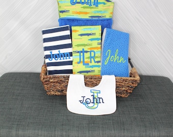 The Original Baby gift basket- Custom for boy or girl monogrammed hooded towel, burp cloths and bib. Perfect baby shower gift!