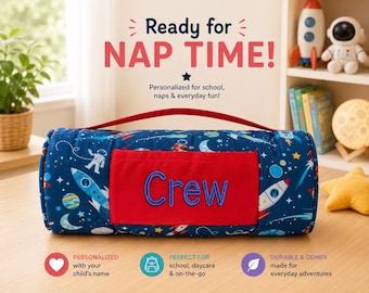 Personalized Kids Nap Mat: Attached Minky Blanket, Removable Pillow, Machine Washable, Daycare/Preschool Essential