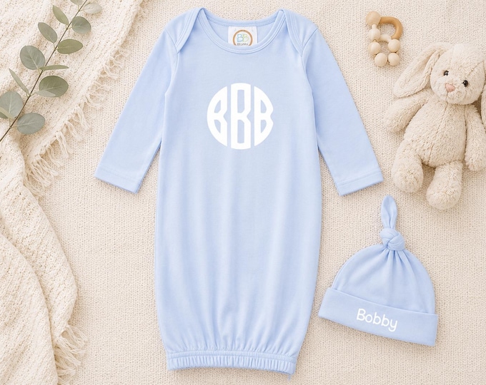 Embroidery Monogrammed Infant Baby Boy Gown with side zipper and Optional Hat