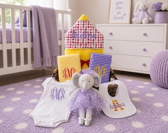 Personalized Baby Gift Basket – Monogrammed Towel, Bib, Burp Cloth, Onesie & Plush
