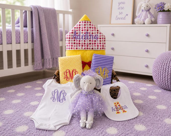 Personalized Baby Gift Basket – Monogrammed Towel, Bib, Burp Cloth, Onesie & Plush
