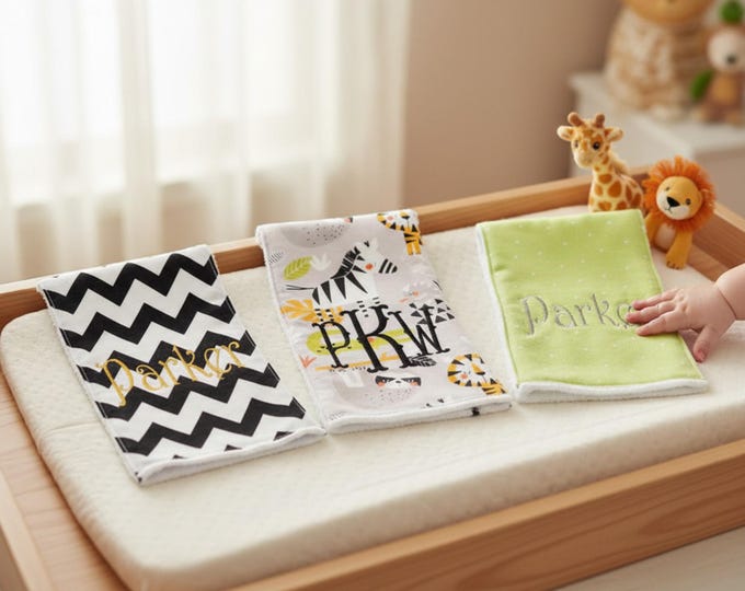 Monogrammed Burp Cloths, Set of 3. Custom made for boy or girl.